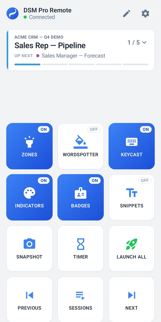 DSM Pro Remote: the current session with what's up next, and twelve square tiles — Zones, WordSpotter, KeyCast, Indicators, Badges, Snippets, Snapshot, Timer, Launch all, Previous, Sessions, Next.